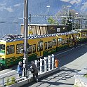 DSCF7992  Rame modernisée avec voiture-pilote surbaissée et articulée à Wengen. Le pantographe sur la voiture-pilote sert à dégivrer les câbles de contact